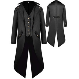 BITSEACOCO Mens Gothic Medieval Tailcoat Jacket, Steampunk Vintage Victorian Frock High Collar Coat (XXL,Black)