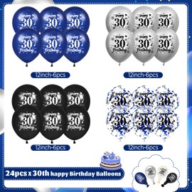 RUMIA Blue 30th Birthday Balloons 24Pcs Navy Blue Black Silver Happy 30th Birthday Latex Balloons Confetti Balloons for Men Women 30th Birthday Anniversary Party Decorations Supplies 12 inches