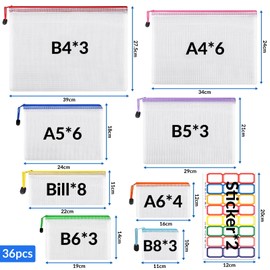 Pack of 36 Document Bags with Zip A4 A5 A6 B4 B5 B6 B8, Waterproof Zip Document Bags, File Bag, Zipper Bag, Mesh Plastic Zip Bag for Offices School