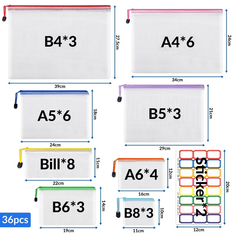 Pack of 36 Document Bags with Zip A4 A5 A6