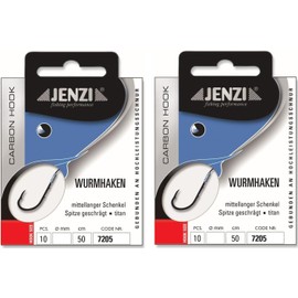 Set: 2 packs of Jenzi tied worm hooks, fishing hooks, carbon/titanium (20 pieces), 50 cm hook size 1, 2, 4, 6, 8, 10, 12 & 14 depending on selection + free Petri Heill! sticker (hook size 2)