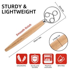 Sourdough Danish Dough Whisk – Three Eye Stainless Steel Upgraded Triple-Loop Bread Mixer Tool With Premium Heavy Duty Solid Wood Handle For Lasting Durability For Artisan Dough, Pizza, And Pastries-