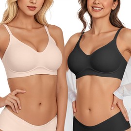 Vertvie Wireless Bras for Women Full Coverage Supportive Seamless Bralettes No Underwire Push Up Comfort Soft T-Shirt Bra(2 Pack: Black+Nude,Large)