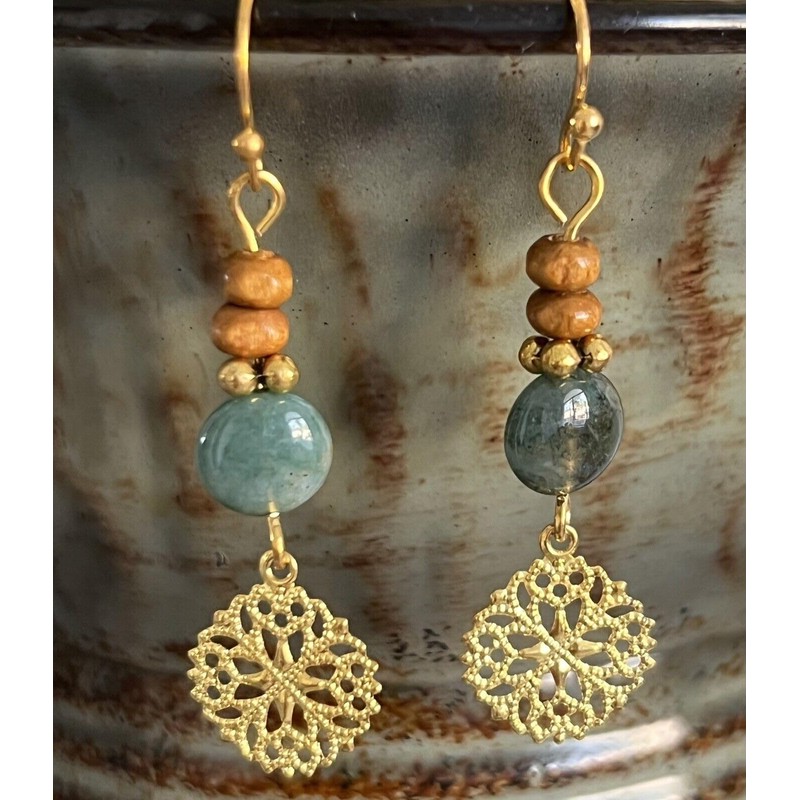 Green Stone Bead and Gold Dangle Earrings. Jewelry Earrings for