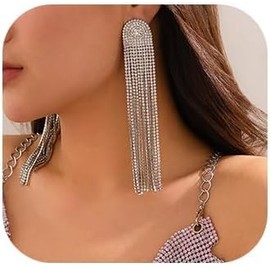Rhinestone Tassel Sparkly Long Fringe Crystal Chandelier Dangle Drop Earring Wedding Party Prom Jewelry Earrings for Women and Girls (PLATINUM, One size)