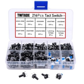 TWTADE 216Pcs Momentary Tactile Tact Switch 10 Values 4 Pins 6x6mm Micro Momentary Tact Push Button Switch Assortment Kit Includes 7X7mm Latching Tact Switch and Momentary Tact Switch QC-6X6MM