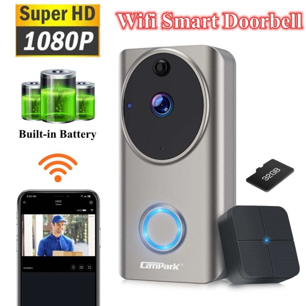 CAMPARK WiFi Wireless Video Doorbell 1080P Security Camera with 32GB
