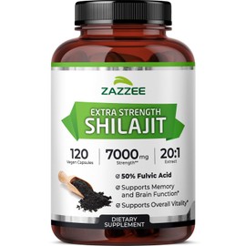 Zazzee 100% Pure Himalayan Shilajit 20:1 Extract, 7000 mg Strength per Capsule, 50% Fulvic Acid, 120 Servings per Bottle, 20X Potency, Rich in Trace Minerals, Non-GMO, Vegan, Made in The USA