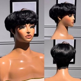 Peluca de cabello humano con corte pixie para mujeres negras, corte tazón corto, aspecto natural, 100% cabello humano real, sin pegamento, hecha a máq