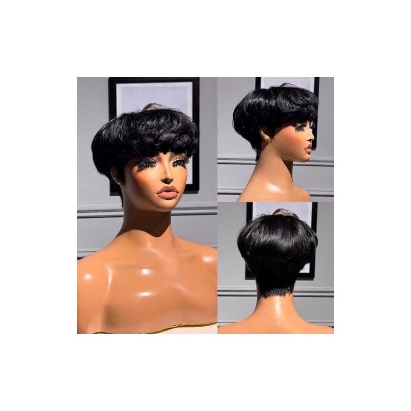 Peluca de cabello humano con corte pixie para mujeres negras,