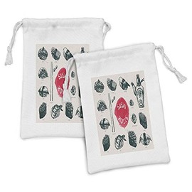 Ambesonne Food Fabric Pouch Set of 2, Japanese Culture Sushi Food Elements Chopsticks Print, Small Drawstring Bag for Toiletries Masks and Favors, 9" x 6", Coconut Dark Coral