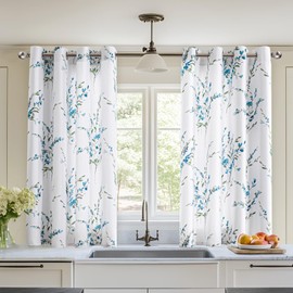 MYSKY HOME Kitchen Curtains 45 inch Long Floral Curtains for Small Window Thermal Insulated Light Filtering Soft Curtains for Bedroom Bathroom Grommet Top Leaf Flower Drapes, 2 Panels, Sage