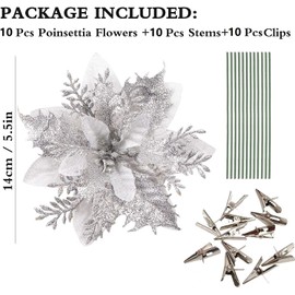 Christmas Tree Decorations,10Pcs 14cm/5.5in Gold Poinsettia Artificial Christmas Flowers with Clips and Stems Glitter Christmas Tree Ornaments for Xmas Wedding Party Wreath Decoration by H HOME-MART