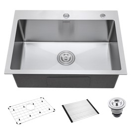 25-Inch Drop-In Kitchen Sink, SINKVINE 25" x 18" Stainless Steel Indoor and Outdoor Sink, Top Mount Large Deep Single Bowl Sink for Laundry Room, with Drain Strainer, Bottom Grid, Roll-up Drying Unit