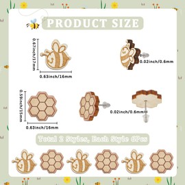 SUNNYCLUE 1 Box 6 Pairs 2 Styles Wooden Stud Earrings Sets Flat Round Small Bee Honey Bee Honeybee Honeycomb Shape Hexagonal Animals Stud Earrings Findings for Women Jewellery Birthday Friends Adults