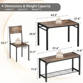JUMMICO 43.3" Dining Table Set for 4, Kitchen Table with Bench & 2 Chairs Modern Rectangular Metal Frame Dining Furniture Set for Small Space (Rustic Brown)
