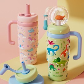comobebe 【COMOBEBE】24oz Stainless Steel Whale Fountain Tumbler with Handle – Two Lids, Spill-Proof, Dishwasher Safe, Cute & Perfect for Kids, Teens, and Adults - Color: Pink Unicorn+ direct-drink straw tip