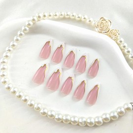 French Tip Press on Nails Almond Medium Fake Nails Daily Wear Simple Nails Press ons with Golden Lines Designs Glossy Glue on Nails White Acrylic Nails Nude Stick on Nails for Women 24Pcs