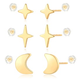 MYEARS Women Stud Earrings Set of 3 Gold Moon and Stars Sterling Silver Post Push Back 14K Gold Plated Small Simple Hypoallergenic Everyday Jewelry