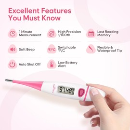 Easy@Home Basal Body Thermometer for Ovulation, 1/100th Degree High Precision, Accurate BBT Thermometer for Natural Ovulation Tracking by Premom APP, EBT-018 & EBT-013, Pink, Pink