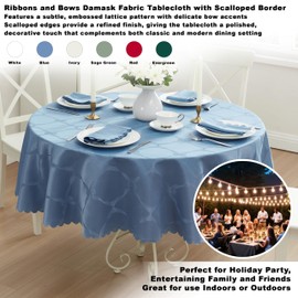 Newbridge Round Fabric Tablecloth, 70 Inch, Easter Ribbons and Bows Damask, Wrinkle and Stain Resistant Fabric Table Cloth for Spring, Blue