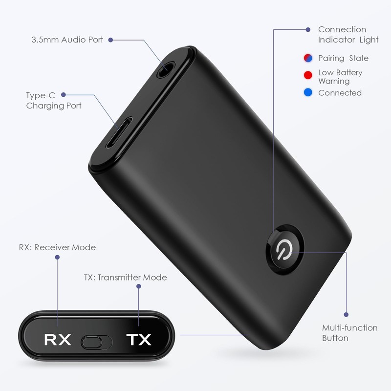 OQIMAX Bluetooth 5.0 Transmitter Receiver, 2-in-1 3.5mm Wireless Bluetooth Aux
