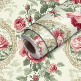Vintage Rose Wallpaper Peel and Stick Floral Contact Paper Wall Paper Stick 17.7" x 118.1" Self Adhesive Vinyl Wall Covering for Bedroom Kitchen Cottagecore Decor