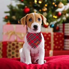 ADOGGYGO Christmas Dog Bandanas with Tassels Edges, Stylish Plaid Dog Christmas Scarf Bib, Premium Cotton Fabric, Red Green Christmas Bandanas for Small Dogs Puppies (Small, Christmas)