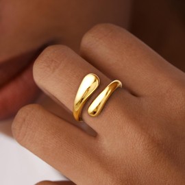 Non Tarnish Gold Rings for Women, Chunky Gold Plated Stainless Steel Rings Size 7, Adjustable Wedding Band Jewelry