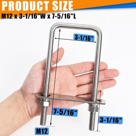 SRZTXU 4 Sets Heavy Duty Square u Bolts 3 inch Wide,M12 Thread Size,304 Stainless Steel Square u-Bolts 3-1/16" W x 7-5/16" L,with Nuts,Bolt Plate and washers (4, M12 x 3-1/16" W x 7-5/16" L)