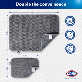 Clorox Plush Drying Mat - Polyester Polymide Blend - Ultra Absorbent Microfiber, For Drying and Draining Dishes at Kitchen Sink - 17.5"x23.5" & 10"x14" - Grey 2 Pack