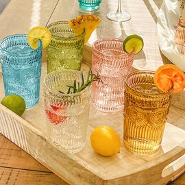 Vintage Textured Aqua Blue Striped Drinking Glasses Set of 6-13 oz Ribbed Glassware with Flower Design | Cocktail Set, Juice Glass, Water Tumbler