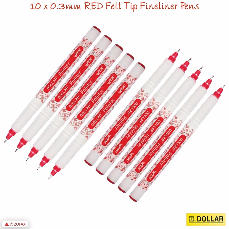 Dollar Wow Fineliner Pens, RED, Fine Tip (0.3mm), Pack of