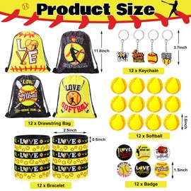 Honoson 60 Pcs Softball Party Favors Includes Mini Stress Ball Keychain Gift Bags Badges Silicone Bracelet for Kids Softball Birthday Party Supplies Goodie Pack Stuffers
