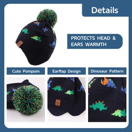 Zsedrut Baby Winter Hat & Scarf Set Kids Dinosaur Fleece Lining Warm Earflap Beanie with Pompom(Colorful Dinosaur, 6-24 Months)