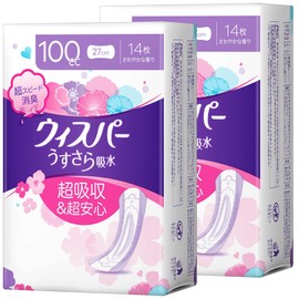 Whisper Ultra-Smooth Water Absorption 3.4 fl oz (100 cc), 10.6 inches (27 cm), 28 Sheets (14 Sheets x 2 Packs) (For Women, Absorbent Care, Urinary Leak Pads)