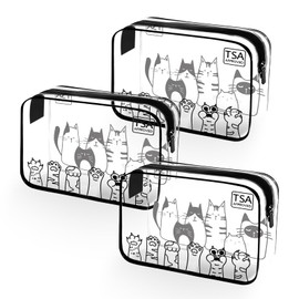 3PCS TSA Approved Travel Toiletry Bag, Travel Clear Toiletry Bag with Cat Patterns and TSA Aviation Logo, Plastic Waterproof Makeup Organizer for Travel Airplane Vacation Bathroom (Patterned Cat)