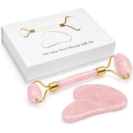 Rodillo Facial de Cuarzo Rosa y Gua Sha, Set de Piedra Natural para Masaje Facial, Rutina Skincare, Rostro y Cuello, con Caja de Regalo