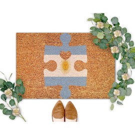 DecStic Argentina Flag Puzzle with Heart Coir Doormat Memorial National Day Rectangular Rug Thick Durable Non Slip Waterproof Farmhouse Doormat Decorative for Outdoor Entry Porch 24x36in