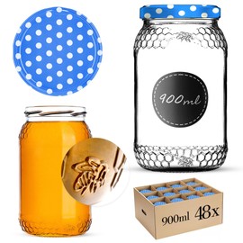 KADAX Honey Jars 900 ml Preserving Jars with fi82 mm Screw Lid Jars for Honey Jam Jars Screw Jars Preserving Jars (Blue Polka Dots, Pack of 48)