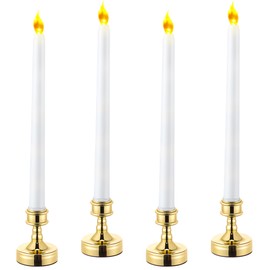 Enhon Christmas Window Flameless Candles, 12 Inch Tall Battery Operated LED Taper Window Candles with Timer, Warm White Flicker Flame Candlesticks with Gold Base for Christmas Home Table (4 Pack)