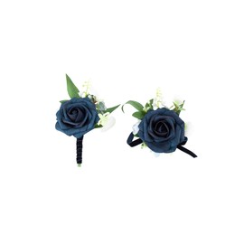 Yelinart Navy Blue Wrist Corsage and Boutonniere Set for Wedding Prom Homecoming Artificial Rose Flowers Men Groom Groomsmen Boutonniere and Women Gril Bridesmaids Wristlet Bracelet Suit Decor