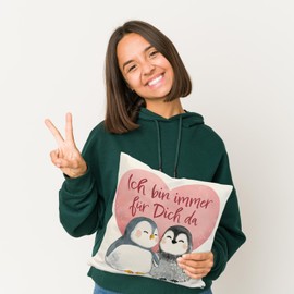 speecheese Penguin Pair Cushion with Saying Ich Bin Immer für Dich da für Partner Mama Liebe Zusammenhalt Valentinstag Freundschaft aus