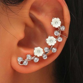 Aneneiceera Vintage Crystal Flower Ear Cuff Earrings Gold Rhinestone Crawler Cuff Earrings Punk Cz Cartilage Climber Earrings Long Cz Flower Clip on Earrings Jewelry for Women (Left)