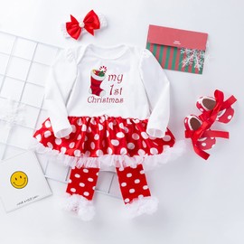 4Pcs Newborn Baby Girls Christmas Outfit Headband Romper Tutu Dress Leg Warmer Set for Baby Girl 0~24 Months