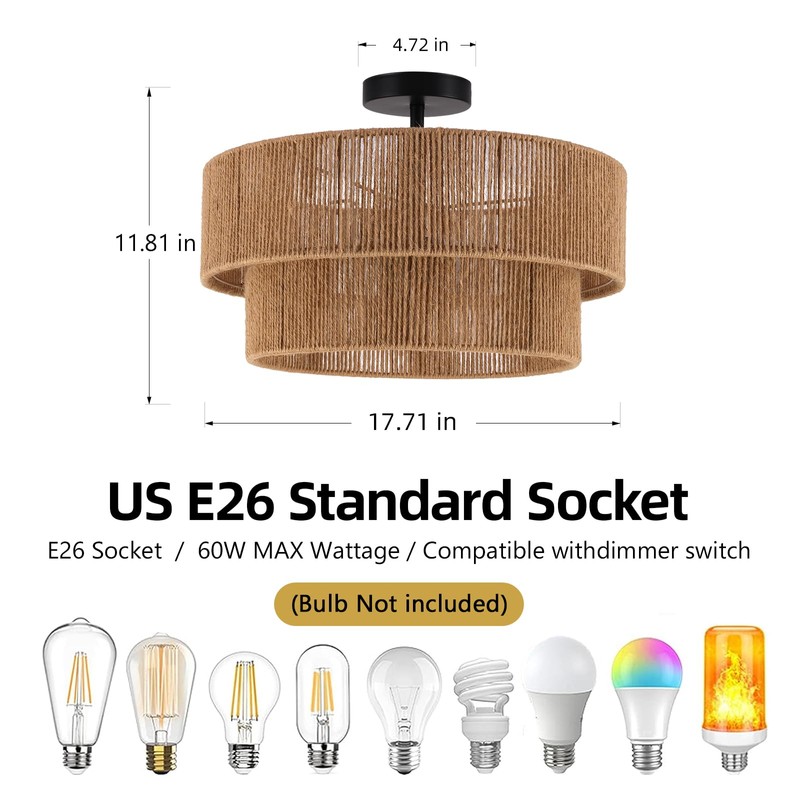 Fenluster Boho Semi Flush Mount Ceiling Light Rattan Ceiling Light
