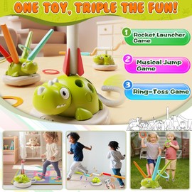 YOFUN 3-in-1 Dinosaur Toy for Kids - Rocket Launcher, Musical Jump & Ring-Toss Game, Fun Indoor & Outdoor Activity Toy, Gifts for Boys & Girls Ages 3-8