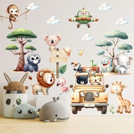 SMAOSTORE Wall Sticker Hand Painted Tropical Cute Animal Sticker Stylish Tree Airplane Zoo Kids Room Bedroom Kindergarten Classroom Background Wall Waterproof Removable Wall Paper Wallpaper