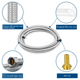 Dishwasher Installation Kit - 15 FT Premium Stainless Steel Braided Dishwasher Hose kit,Food Grade PEX Inner Tube Dishwasher Water Supply Line with 3/8""x3/8""MIP Elbow,3/8""x 3/4"" FHT Elbow, Silver