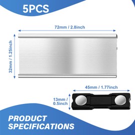 Pack of 5 Aluminium Name Plates with Strong Double Magnet, Name Badges for Clothing Magnet, Professional Magnetic Name Plate with Paper Slot, Approx. 72 x 35 mm (2.8 x 1.4 Inches) (Silver)